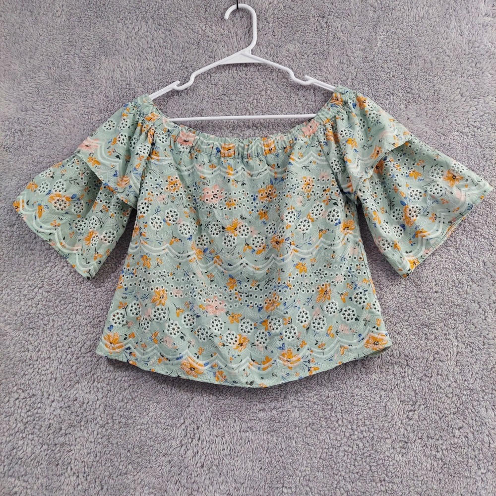 LAIA Floral Eyelet Off‎ The Shoulder Top Women's Small Sage Green Ruffle Boho